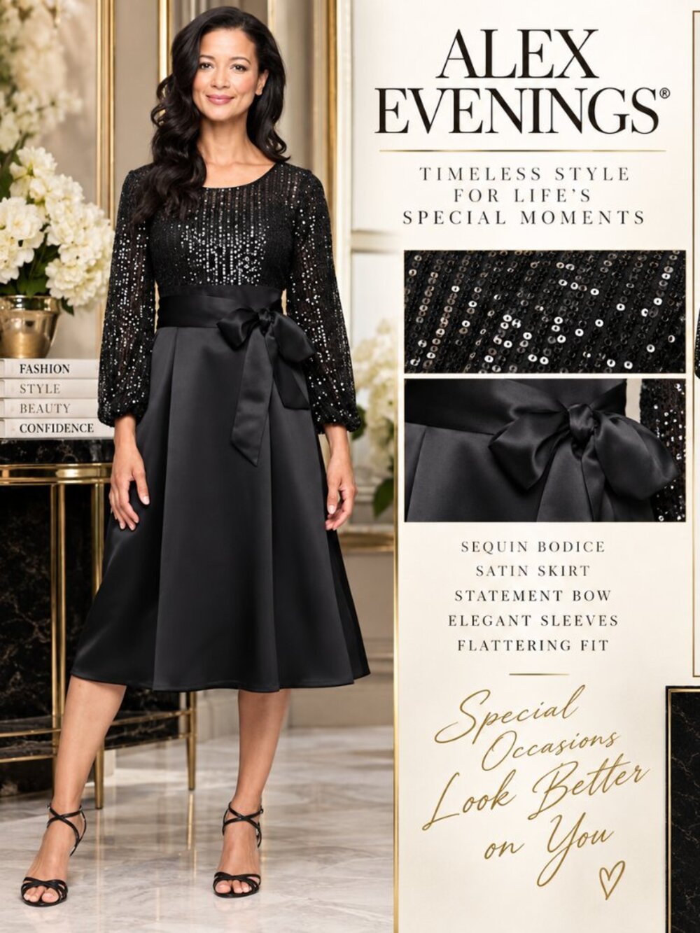 Alex Evenings 8P Black Sequin Satin Bow A-Line Midi Cocktail Dress NWT